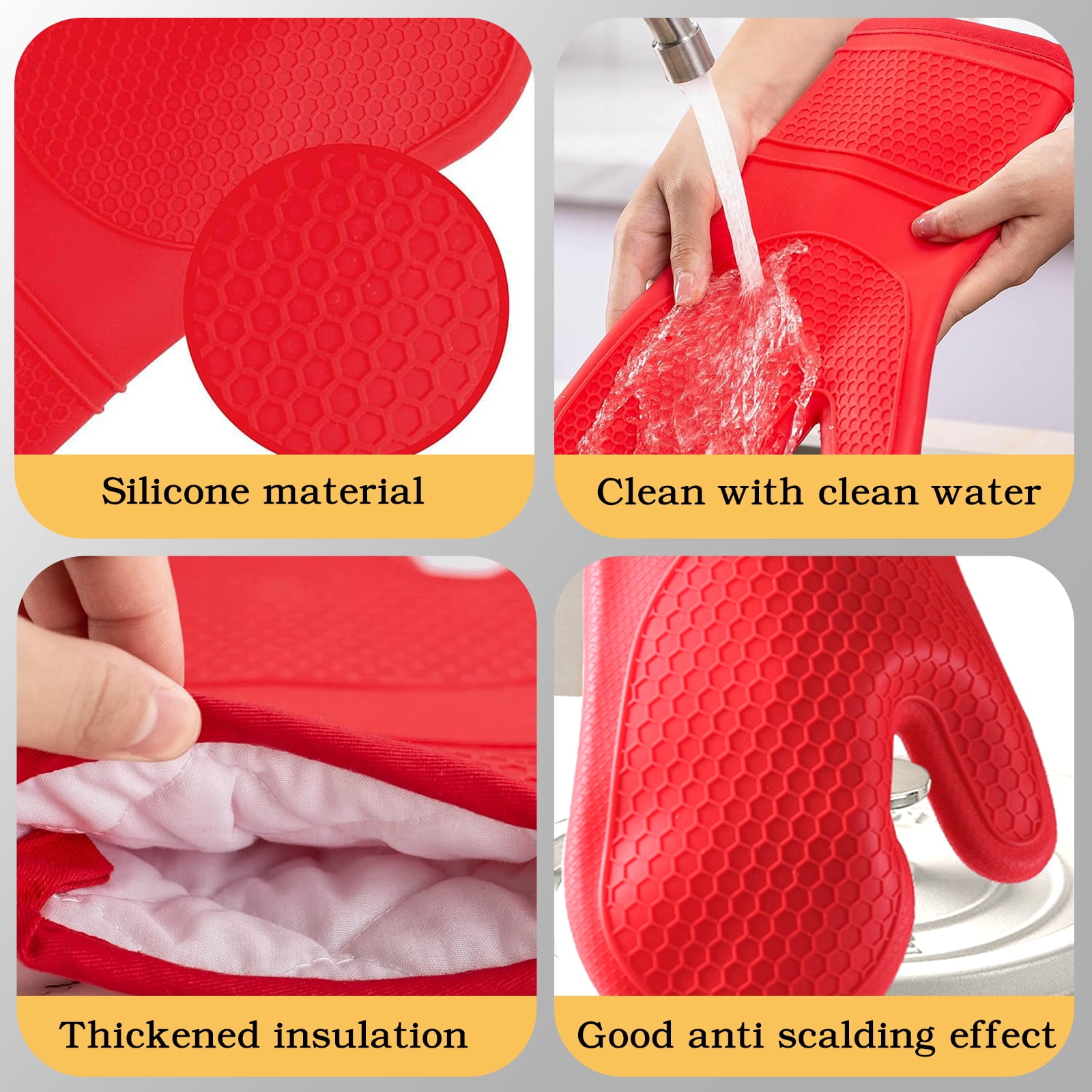 12Pcs Kitchen Oven Mitts and Pot Holders Sets , Extra Long Silicone Oven Gloves Heat Resistant 500 Degrees Non-Slip Potholders Hot Pads for Baking Cooking, Red
