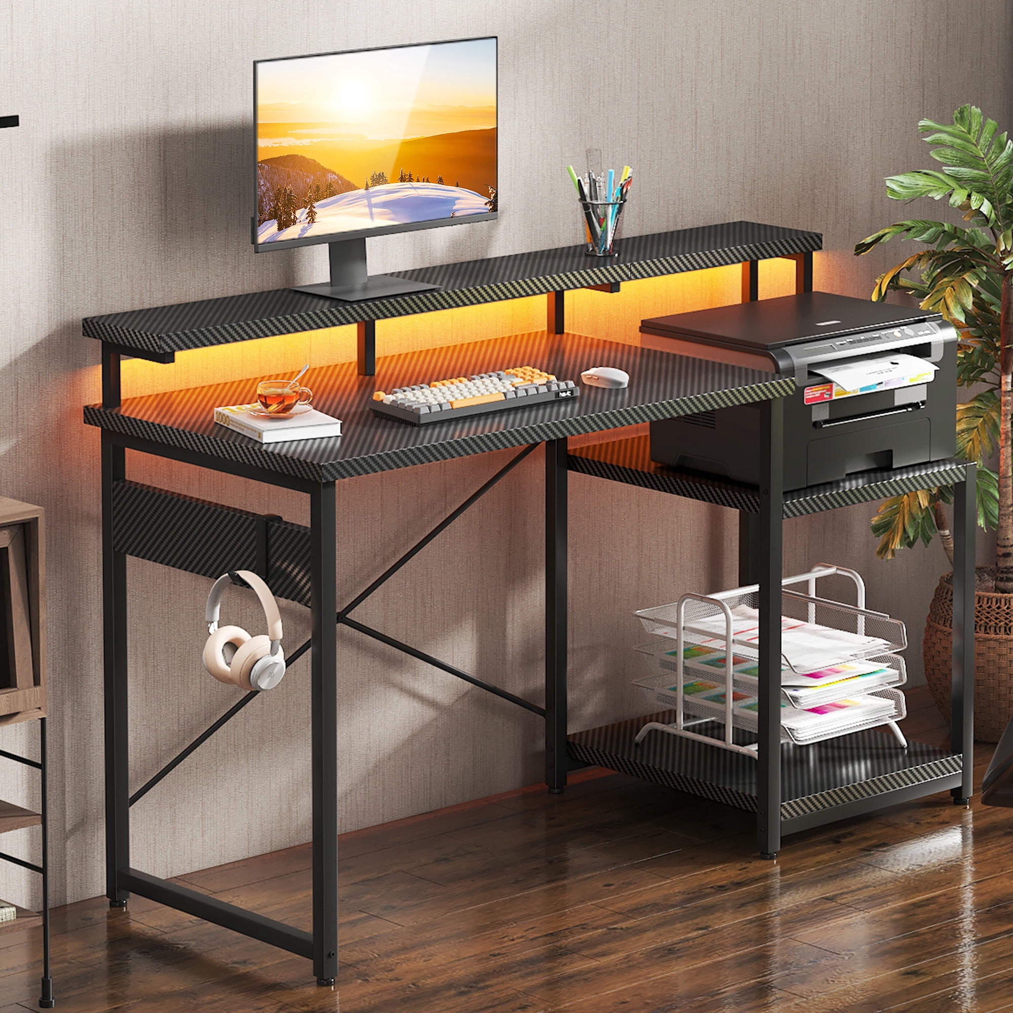 Casacomoda 48 Inch Computer Desk with Monitor Stand & LED Lights, Home Office Desk with Adjustable Printer Shelf & CPU Stand, Black Carbon