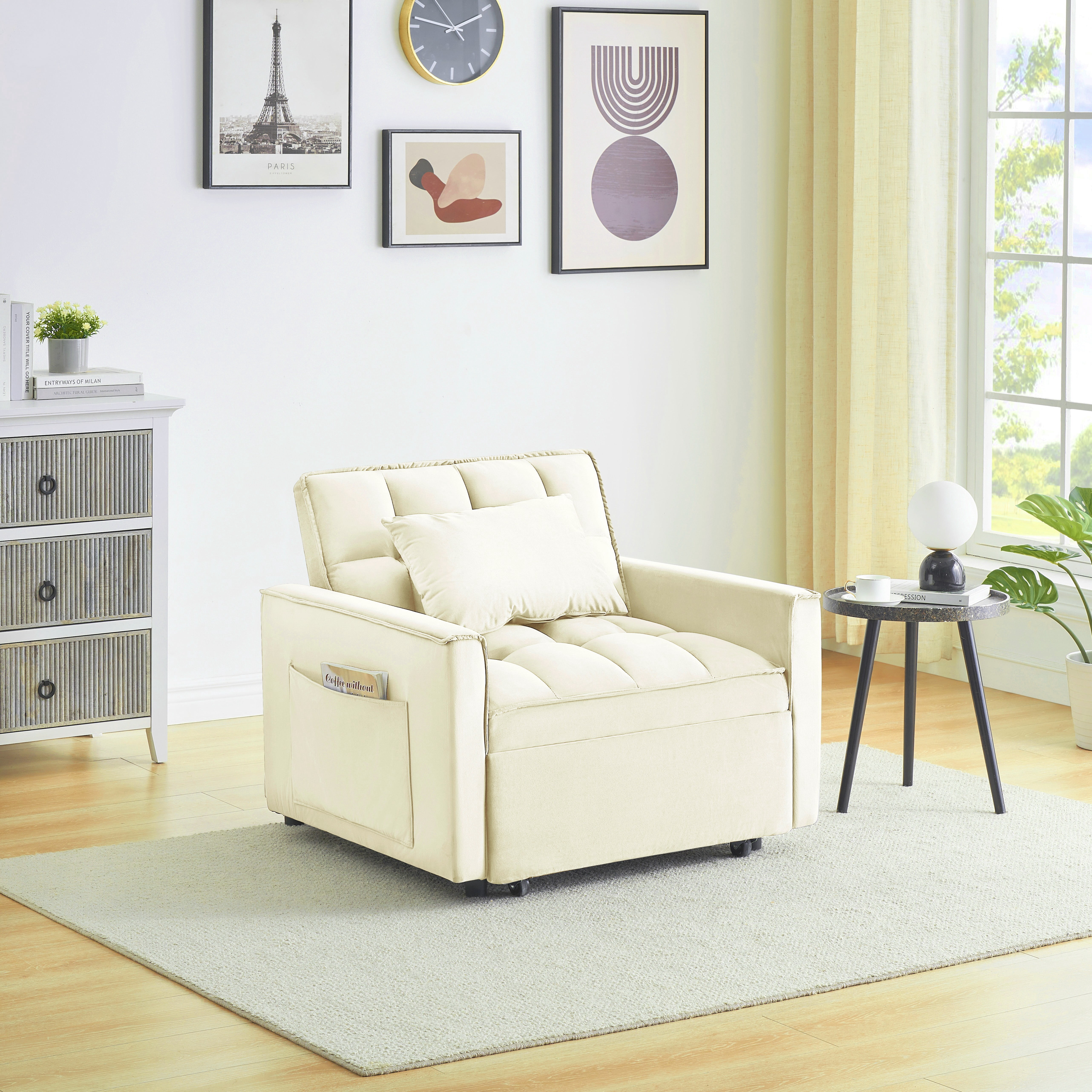 avobird 3 in 1 Convertible Chair Bed Sleeper, Pull Out Sofa Bed With adjustable back/USB port/ashtray/swivel phone stand, Beige