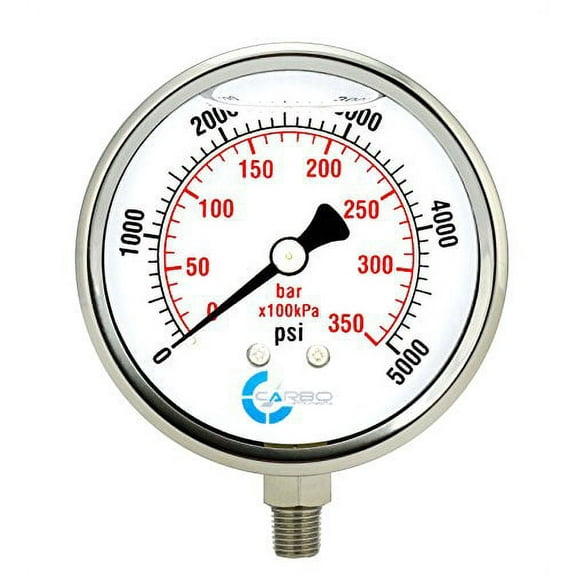 CARBO Instruments 4" Pressure Gauge, Stainless Steel Case, Chrome Plated Brass Connection, Liquid Filled, 0-5000 psi/kPa, Lower Mount 1/4" NPT