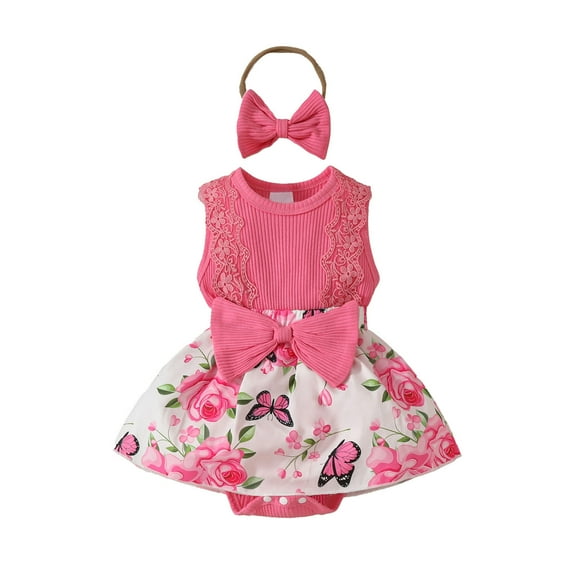 MEZZALL Girls Sleeveless Floral Romper Bodysuits Dress Sundress Headbands Set, Pink, 9-12 Months