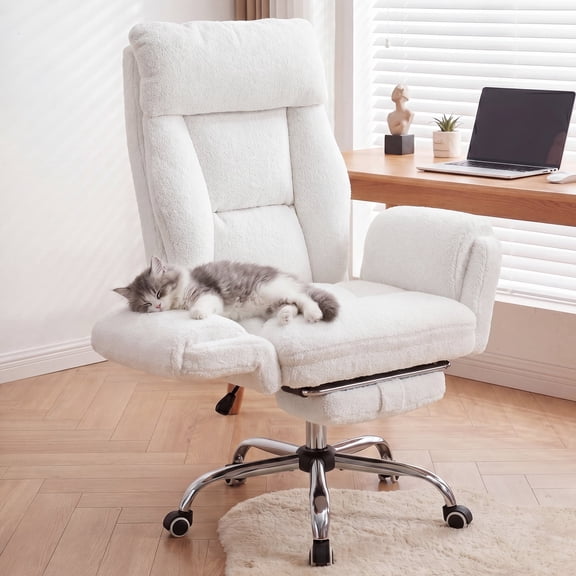 Genpo Cross Legged Office Chair, Criss Cross Desk Chair with Wheels, White Teddy Fleece Big and Tall Reclining Office Chair 500lbs with Foot Rest, Reversible Armrests & Wide Seat