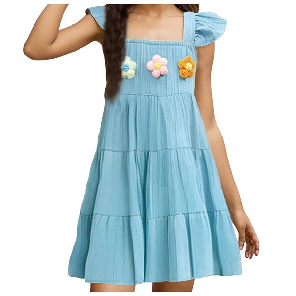 Ketyyh-chn99 Girls Swing Flowy Denim Dress Summer Girls Skirt Comfortable Skin Friendly Soft Dress Fashion Flower Print Girls Sleeveless Dress Size for 5-6 Years,Sky Blue
