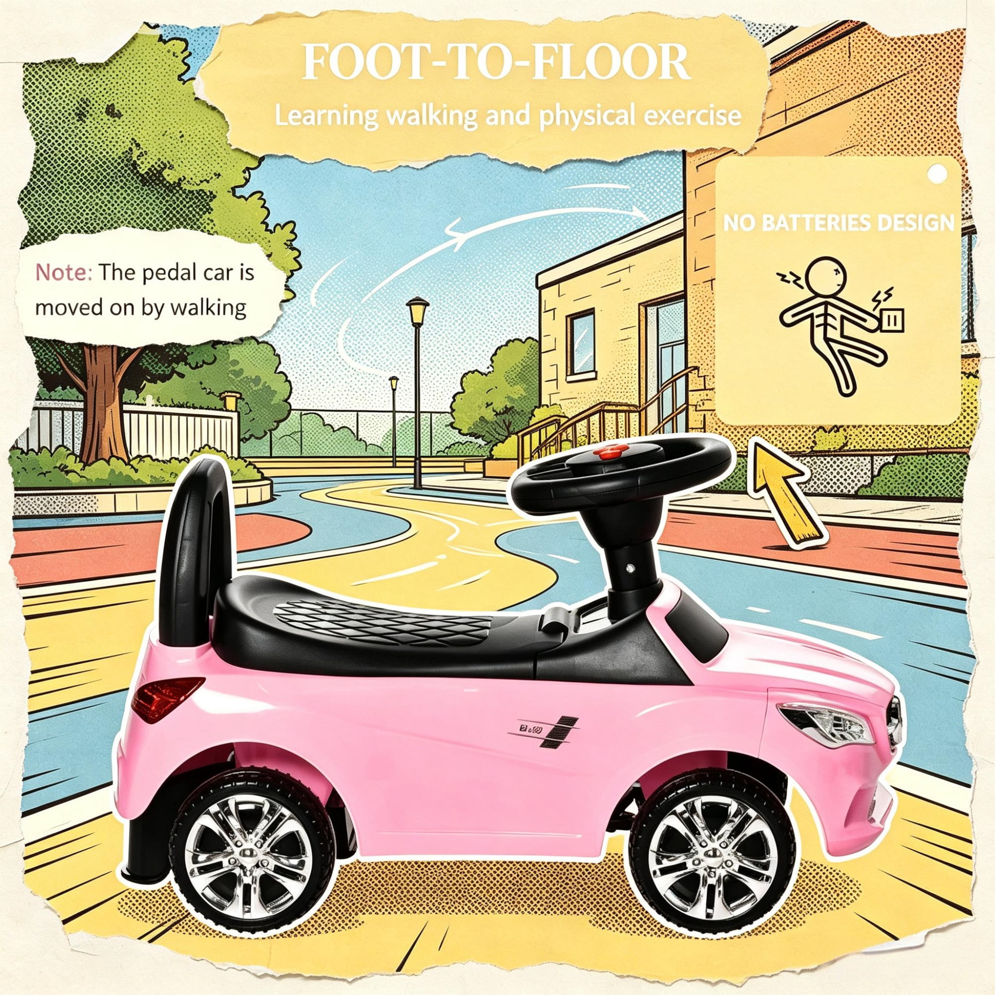 Toddler Foot-to-Floor Ride-On Push Car: Kids Sliding Walking Toy with Functional Horn, Music, Headlights & Hidden Storage Space, Pink