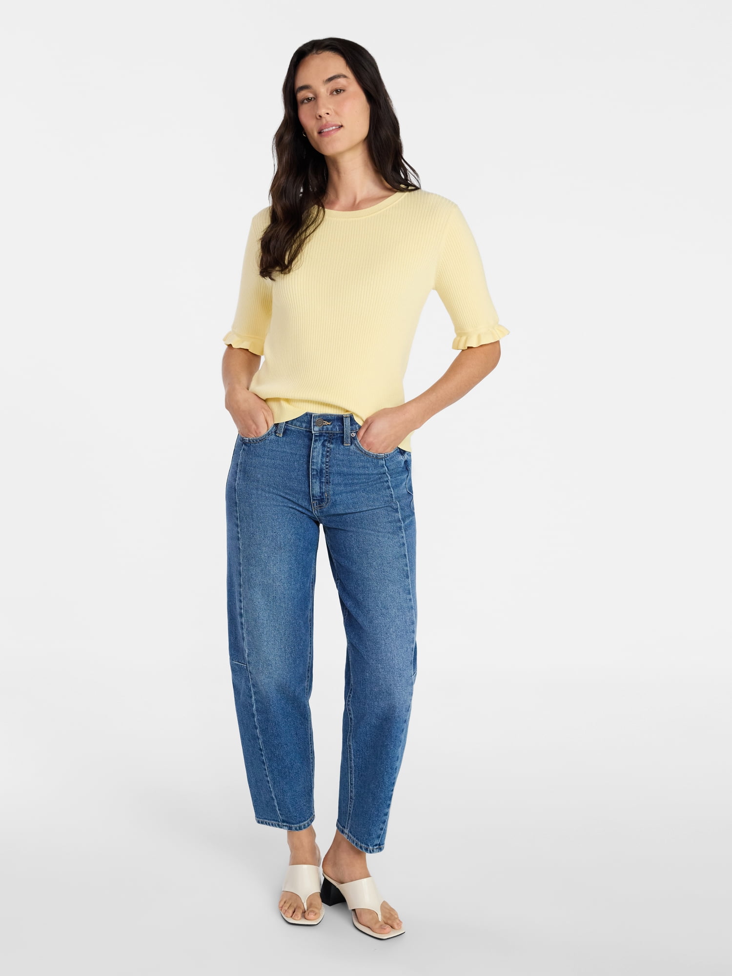 Time and Tru Women's Ribbed Sweater with Flounce Sleeves, Midweight, Sizes XS-XXXL