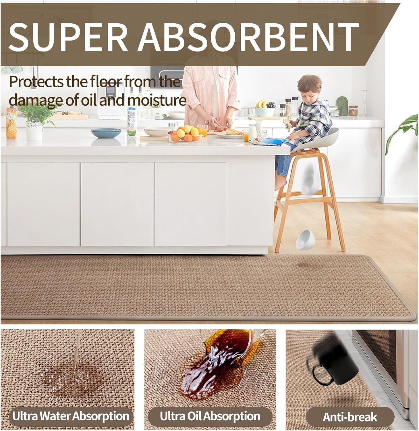 Kitchen Rugs and Mats Non Slip Washable, 17"x47" Brown Absorbent Runner Rugs for Kitchen, Front of Sink, Kitchen Mats for Floor，Easy to Clean and Maintain Kitchen Floor mat