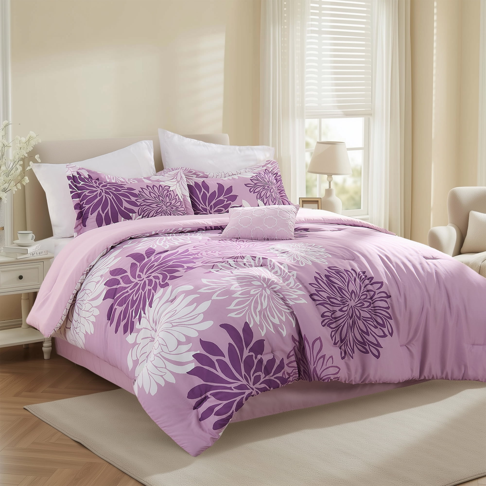 Regency Heights King Size Comforter Set, 5-Piece Floral Bedding Set for All Season, Purple Comforter Set King with Bed Skirt