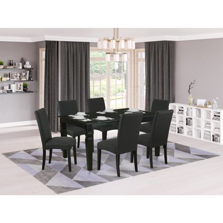 HomeStock Beachy Beauty 7 Piece Set Consist of a Rectangle Dining Room Table with Butterfly Leaf and 6 Black Color Linen Fabric Upholstered Chairs 42x60 Inch