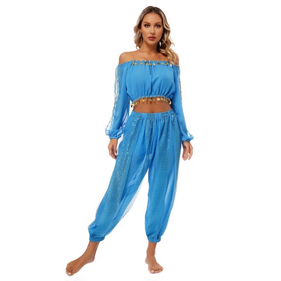 Linjinx Women Belly Dance Outfits Sequin Long Sleeve Off Shoulder with Pants Set Carnival Sky Blue One Size