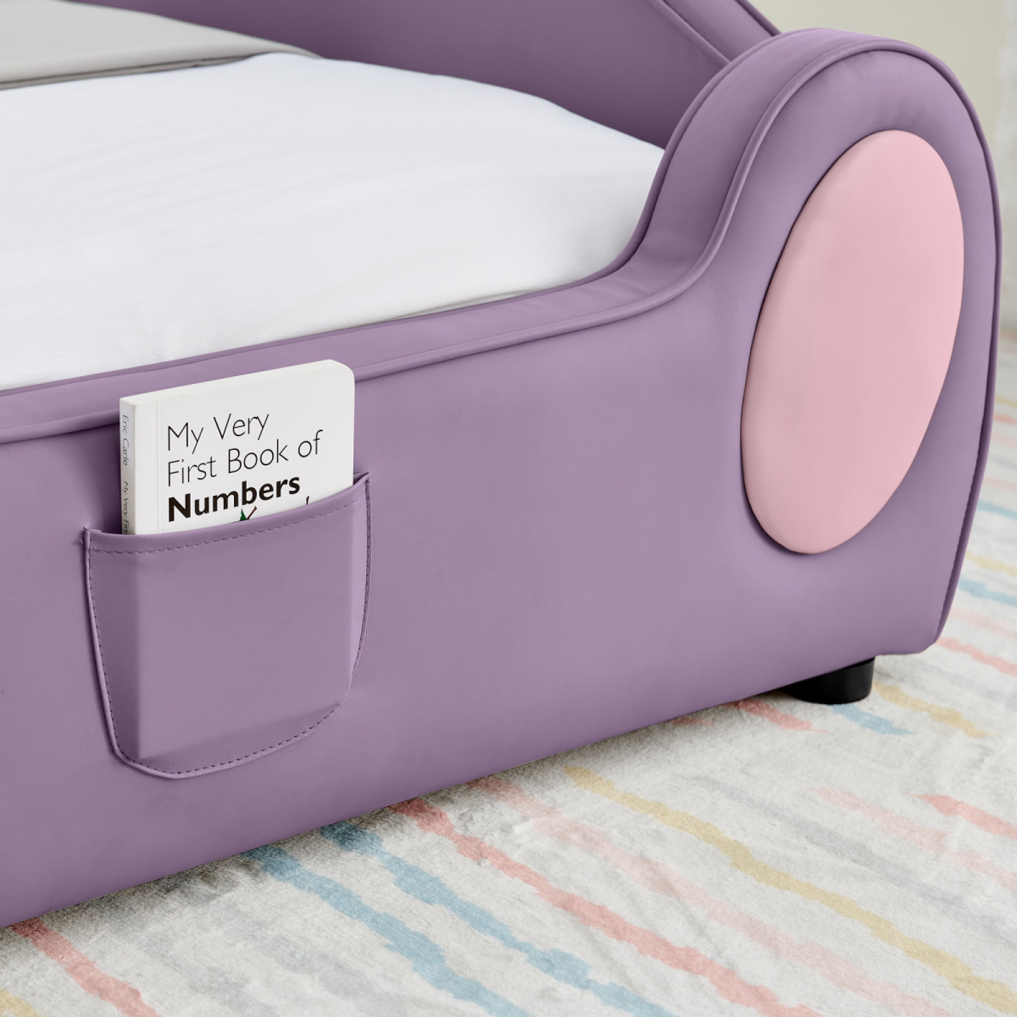 Twin Size Cute Cloud Shape PU Leather Bed with Guardrails, Safety Toddler Bed with Cartoon and Storage Pocket,Pink Purple