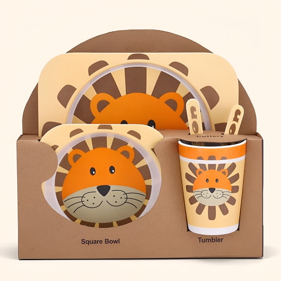 ACDANC 5Pcs/Set Bamboo Kids Dinnerware Set - Children Dishes - BPA Free Food Plate Bowl Cup Spoon Fork Set Dishware,Cartoon Tableware - Lion