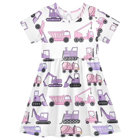 joogoo Construction Vehicles Girls' Short Sleeve Dress Kids Dresses 5-6T
