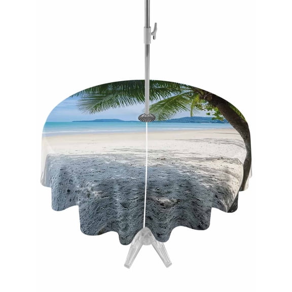 Outdoor Tablecloth with Umbrella Hole Zipper Coastal Beach Round Tablecloth 54" Waterproof Outside Table Cloth Summer Ocean Sea Modern Palm Coconut Tree Patio Table Cover Tablecloths for Picnic Party