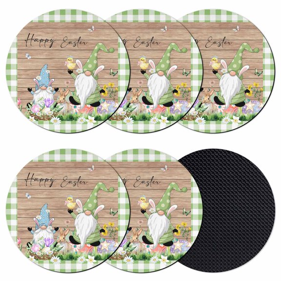 Happy Easter Coasters Set of 6, Absorbent Coasters for Drinks, Gnomes Rabbit Flowers Green Check Wooden Coaster for Desk Coffee Table Protection, Home Decor House Warming Gifts 4"