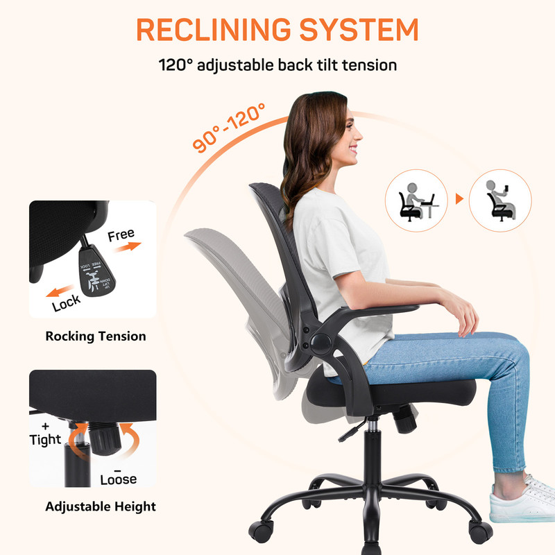 Office Desk Chair, Ergonomic Mid-Back Mesh Chair with Wheels, Comfy Lumbar Support with Flip-up Arms for Home office, Gaming, Study, Black
