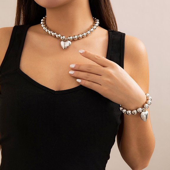 Yoyauz Thick Gold Heart Necklace And Bracelet Set Gold Bead Necklace With Large Heart Pendant Gold And Pearl Heart Switching Necklace