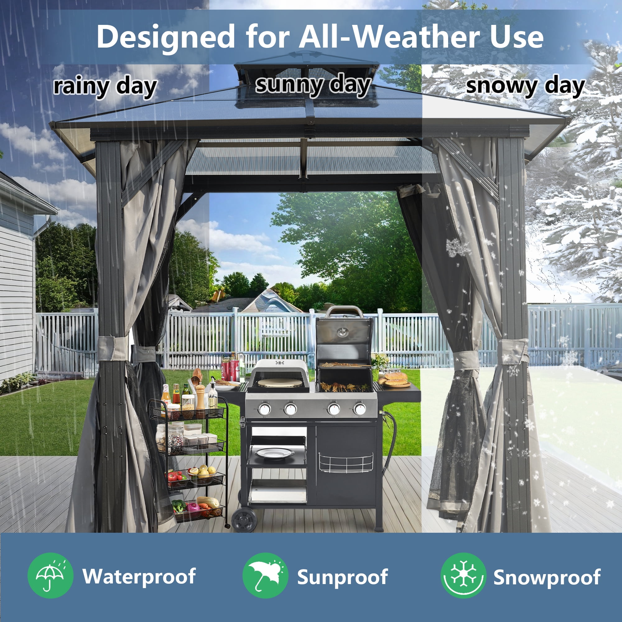 8FT x 8FT Double Roof BBQ Grill Gazebo with Grey Polycarbonate for Outdoor Use
