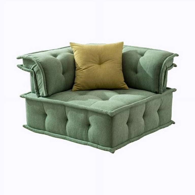 Green fabric floor sofa couch, Large floor pillows