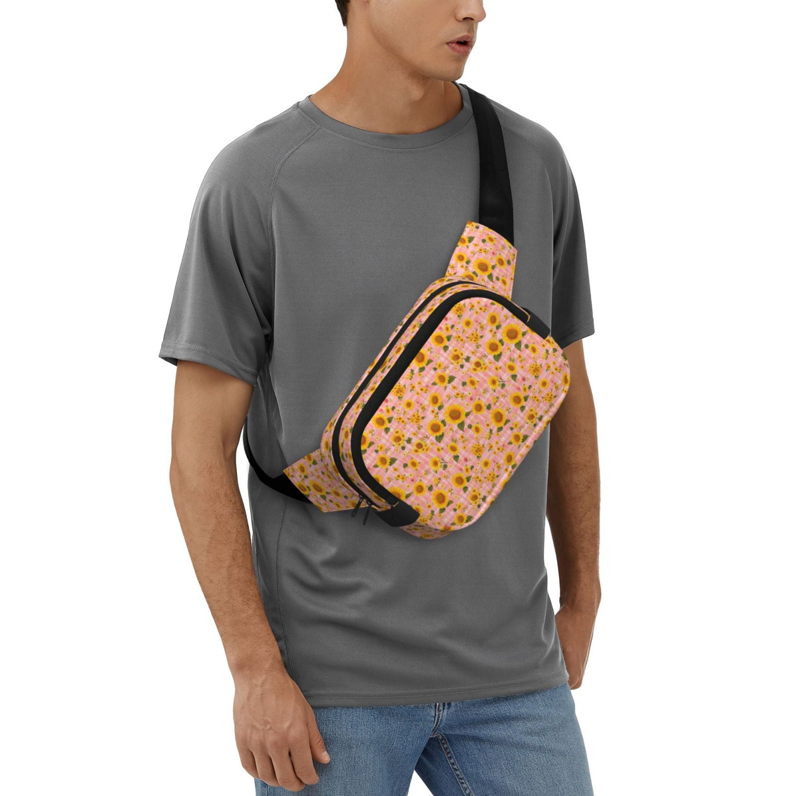 Picia Plaid Sunflower Print Square Double-Layer Waist Bag Mini Adjustable Waist Belt Bag Exercise Running Travel Hiking