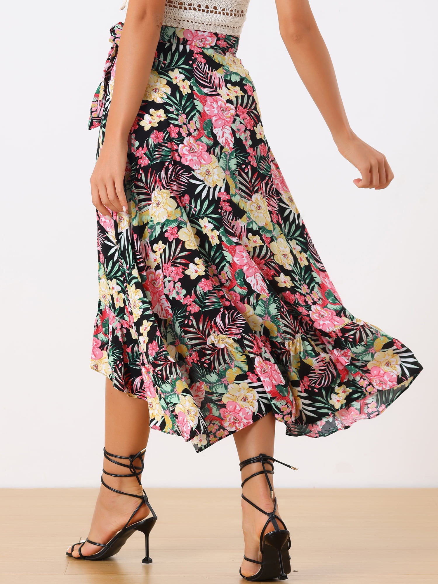 DARING DIVA Women's Ruffle Self Tie Knot Split Beach Wrap Midi Skirt L Black