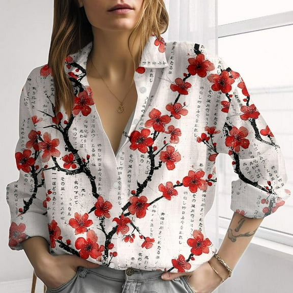 Cherry Blossom Japanese Linen-Look Shirt, Floral Flower Women Shirt, Asian Inspired Blouse Top, Cherry Blossom Shirt, Vacation Gifts, Button Up Shirt, Blouses Tops Women, Gift for Mother