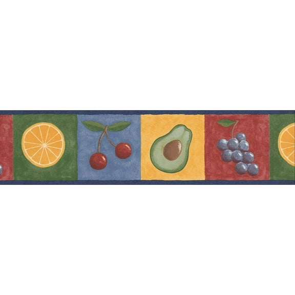 Concord Wallcoverings Decorative Cute & Colorful Fruits Wallpaper Border Featuring Grapes Avocado Cherry Orange, Colors Red Green Blue Orange White, Size 6 Inches by 15 feet Ft017143b