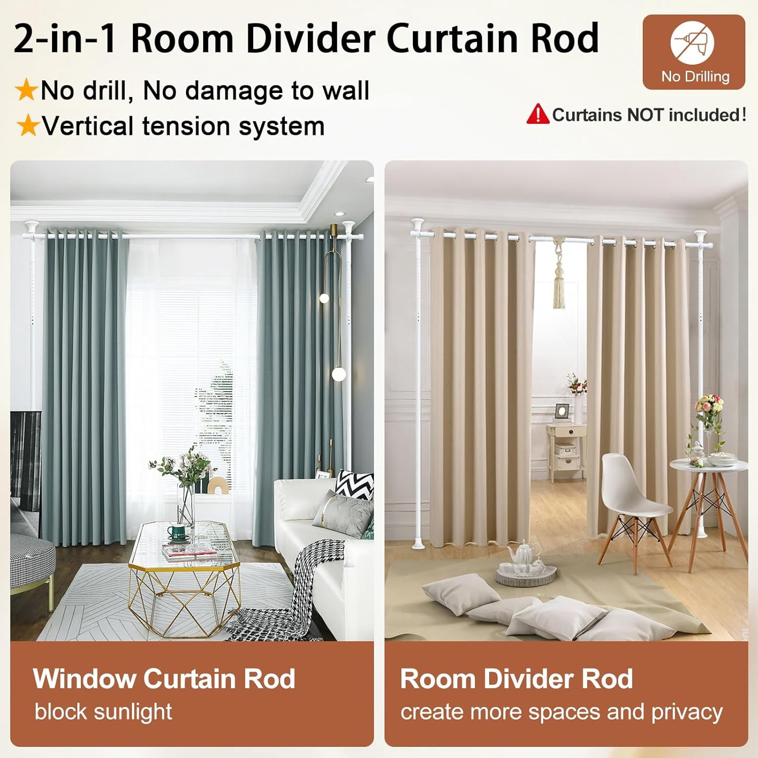IHOMEPARK Room Divider- Adjustable No Drilling Tension Curtain Rods Wall Divider for Room Separation, Studio Rental, 28-71inch(W) 4-10ft(H)（White）