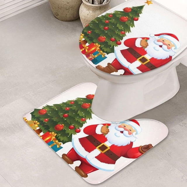 Aufmer 2 Pcs Christmas Bathroom Mat Set, Festive Toilet Floor Mats, Non Slip Holiday Decor, Washable Polyester Bath Rug(Multicolor)