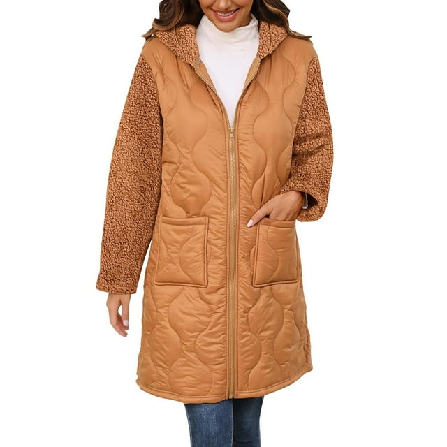 Gpaecead Quilted Jackets Ladies' Casual Solid Color Fleece Patchwork Long Sleeved Hooded Cardigan Jacket