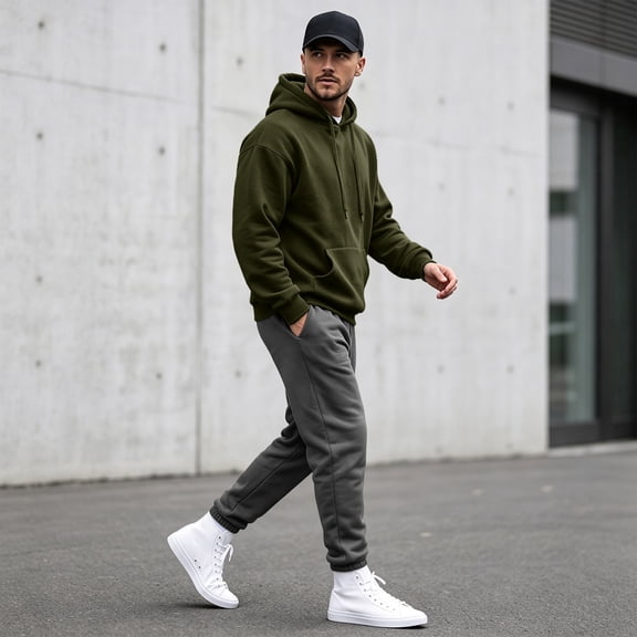 Men's Classic Solid Fleece Pullover Hoodie, Drawstring Hooded Sweatshirt with Kangaroo Pocket, for Fall Winter Daily Casual Wear Army Green L