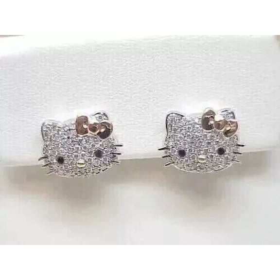 1.60 CT Round Simulated Diamond Hello Kitty Stud Earrings, 14K White Gold Plated Sterling Silver for Women