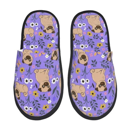 Balery Pugs and Flowers Slient Indoor Furry Fleece Comfort House Shoes Soft Non-Slip Home Shoes Cotton slippers House Slippers-- Large