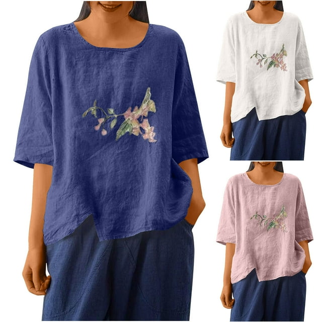 Sentmoon Hauts d'Été pour Femmes Col Rond Chemises de Vacances en Lin Amples Respirantes Manches 3/4 Tenues de Vacances pour Femmes Mode pour Festival de Musique TG