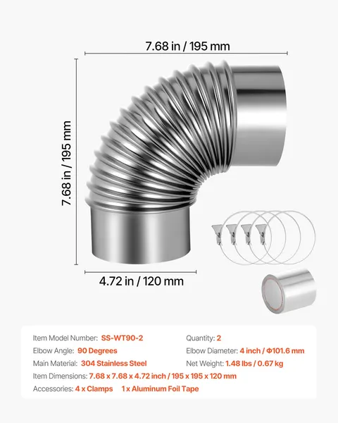 90 Degree 4-Inch Dryer Vent Elbow Kit - Includes 4 Clamps & Aluminum Foil Tape (2-Pack) for Efficient Ventilation