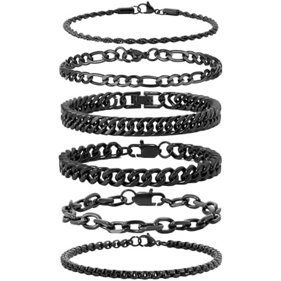 6pcs Stainless Steel Bracelets for Men Women Silver/Gold/Black Cuban Link Rope Paperclip Chain Bracelets Set 6.5/7/7.5/8.3/9 Inches Metal Bracelet Mens Fashion Accessories Jewelry Set