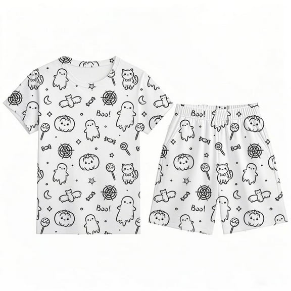 HCYSFG Halloween Pajama Set for Boys Ghost Print Short Sleeve Crewneck Top and Elastic Waist Shorts 2 Piece Kids Sleepwear Lounge PJs Set