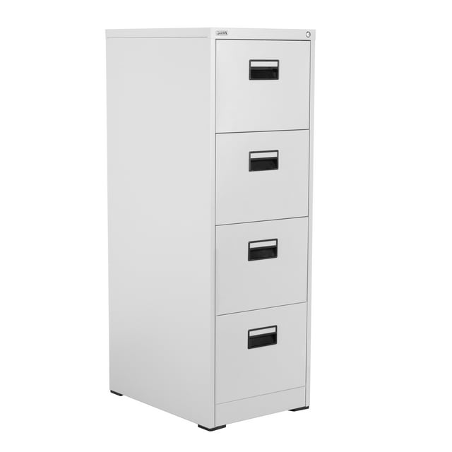 archivero vertical guardex lfc24 metálico 4 gavetas con anti-cerradura gris claro, vista frontal 3/4 de archivador metálico alto con cuatro cajones y tiradores empotrados negros; cerradura y juego de llaves en la esquina superior derecha, acabado de lámina doblada sobre patines negros, fondo blanco. Diseñado para oficina y hogar con rieles suaves y silenciosos, ideal organizador de archivos tamaño carta y oficio; también suele usarse para guardar material escolar.