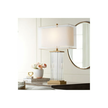 Vienna Full Spectrum Modern Table Lamp Crystal and Metal Rectangular Column White Linen Double Shade for Living Room Family