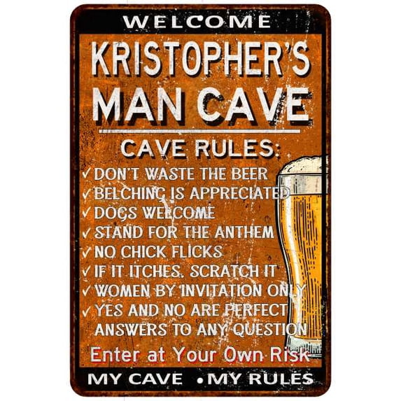 KRISTOPHER'S Man Cave Rules Rusty Metal Beer Sign Home Wall Dé8 x 12 Matte Finish Metal 108120051500