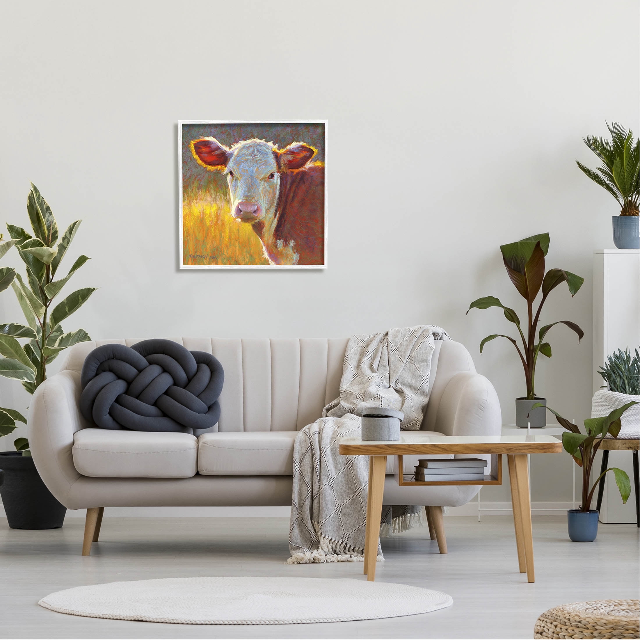Sunlit Farm Animal Cattle Animals & Insects Painting White Framed Art Print Wall Art