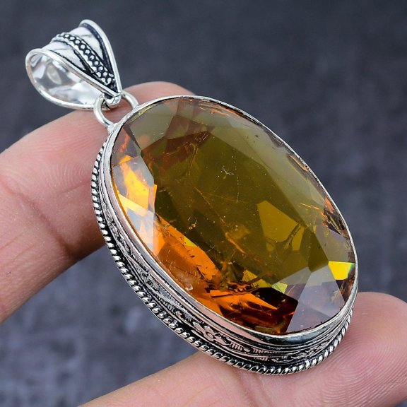 Natural Citrine Gemstone Handmade 925 Sterling Silver Jewelry Pendant 2.36"
