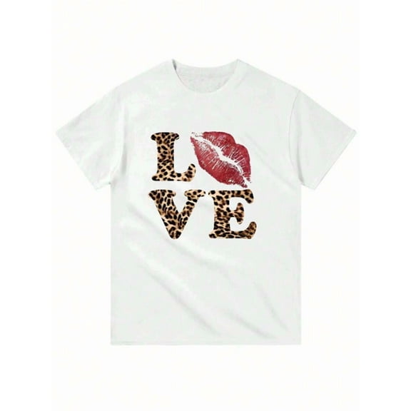 Leopard Lip "LOVE" Print Crew Neck Short Sleeve T-Shirt For Women