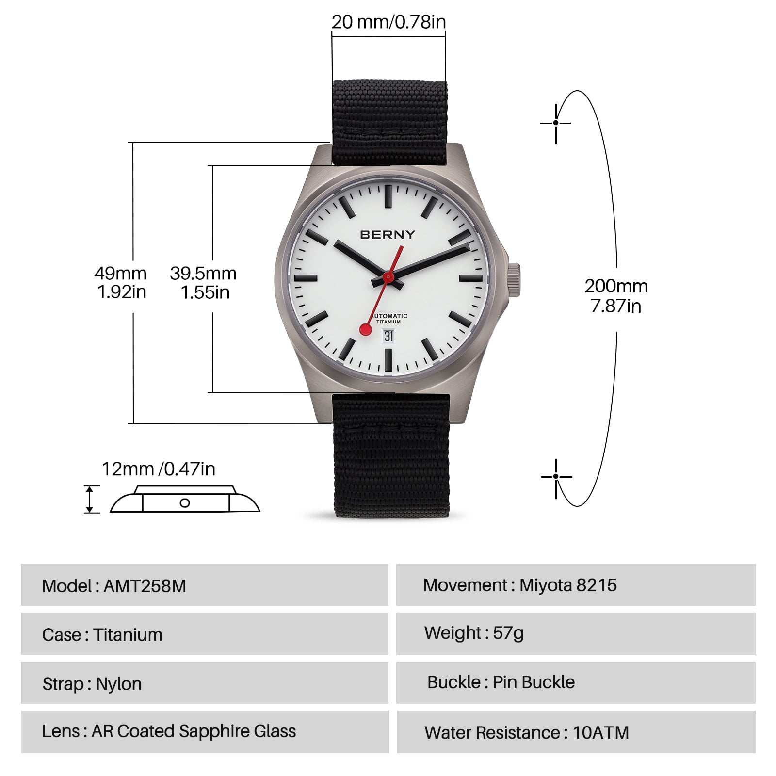 BERNY Automatic Titanium Watches for Men, Sport Casual 10ATM Waterproof Analog Mechanical Watch with Date, Nylon Strap, Super Luminous, Sapphire Crystal, Fashion Minimalist Wrist Watch (White)