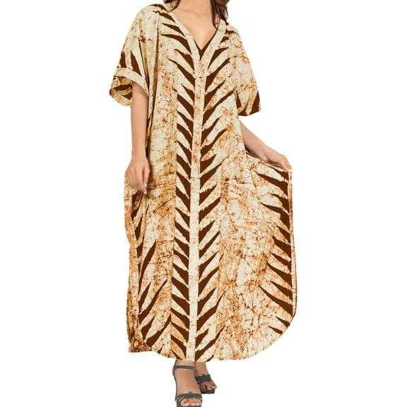 HAPPY BAY Women's Summer Batik Caftan Loungewear House Dashiki Dress Kaftan Nightshirts for Women Sleepwear Plus Size 2X-3X Dark Brown, Leaves