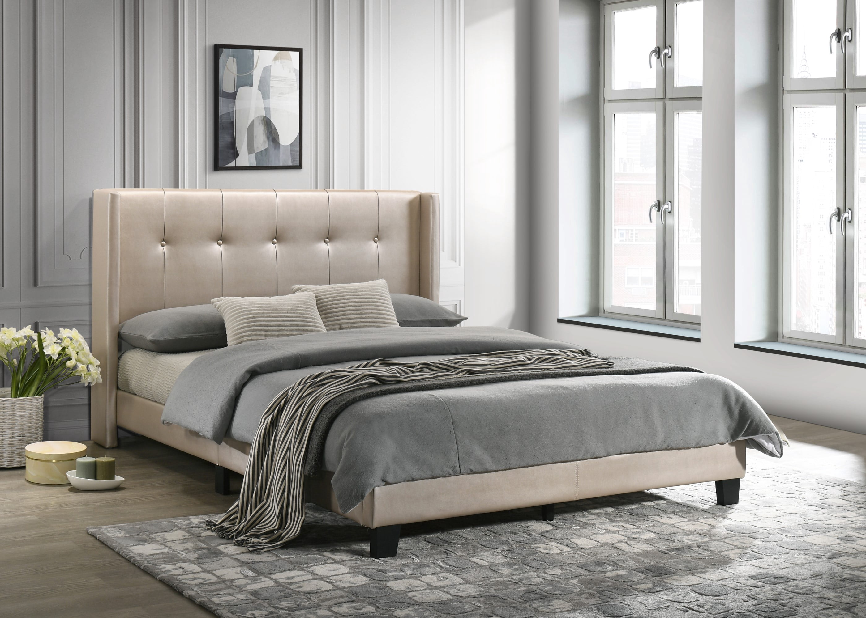 Home Design Evelyn King Upholstered Platform Bed Frame with Tufted Headboard and Wingback Design, Champagne, Easy Assembly