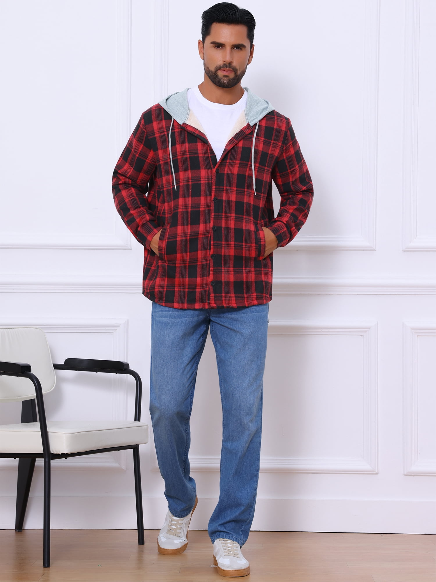 DARING DIVA Men's Fleece Lining Drawstring Hooded Plaid Shirt Jacket L Black Red