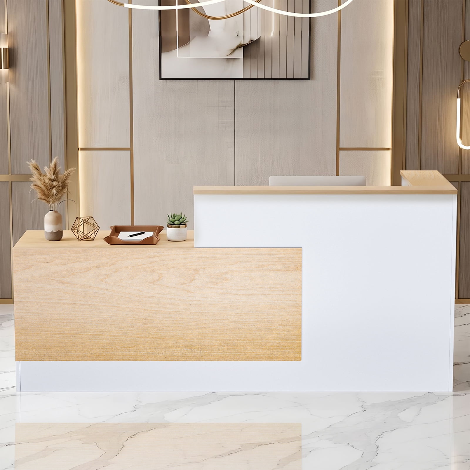 Vakiorn L-Shaped Wooden Reception Desk Lockable Drawers Storage Keyboard Tray 71in for Office Lobby Checkout Left Natural Wood White