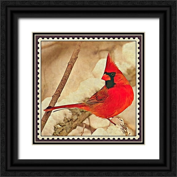Alpenglow Workshop 12x12 Black Ornate Wood Framed with Double Matting Museum Art Print Titled - Cardinal Postage Stamp