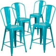 thumbnail image 3 of BizChair Commercial Grade 4 Pack 24" High Crystal Teal-Blue Metal Indoor-Outdoor Counter Height Stool with Back, 3 of 15