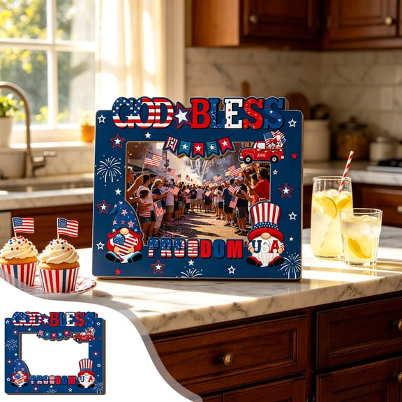 Darzheoy 4th of July Gnome Picture Frame, Patriotic Floral USA Themed Photo Holder, Handmade, Rustic Wood, Tabletop Decor, Independence Day Gift, for Mantel, Desk, Shelf, Office, Home Decor